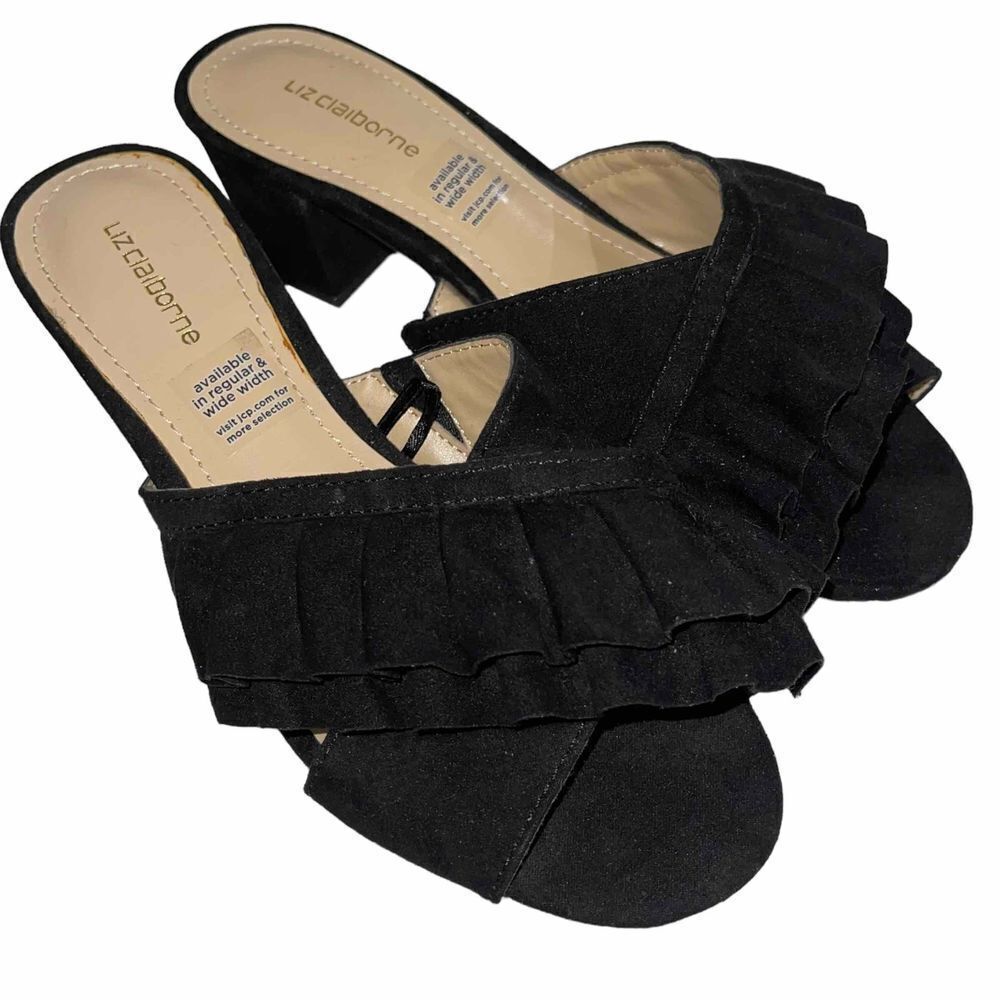 Liz Claiborne Black Velvet Ruffle Slide Sandals - Size 5.5